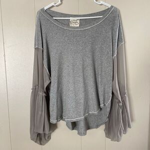 Free People XS Gray Knit Top • Mesh Balloon Sleeve Pullover • Boho Slouchy Casua
